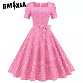 GMXIA Винтажное женское свободное платье с квадратным воротником и короткими рукавами в горошек и принтом на талии S розовый