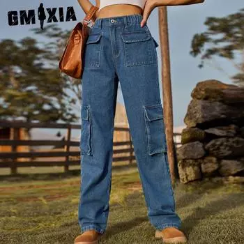 GMXIA Винтажные потертые полуэластичные повседневные брюки-карго из денима с несколькими карманами для женщин S легкие хаки