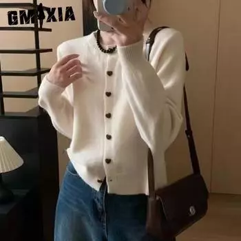 GMXIA Вязаное пальто с круглым вырезом Love Button для женщин, осенний дизайн, свитер Sense для женщин One size тёмно-синий