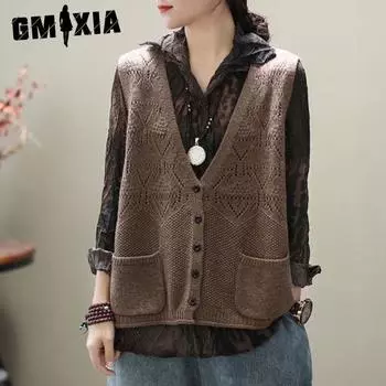 GMXIA Вязаное пальто свитер жилет женский весенне-осенний женский жилет с безрукавкой топ One size кофейный