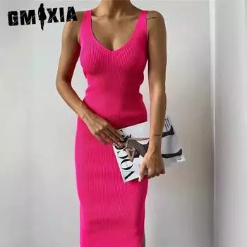 GMXIA Вязаное платье-футляр средней длины без рукавов, летнее женское платье с v-образным вырезом и разрезом через границу S чёрный