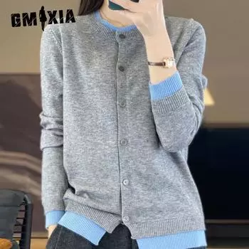 GMXIA Вязаный кардиган с цветными блоками, куртка, топы с круглым вырезом Niche, верхняя одежда M серо голубой