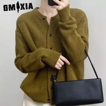 GMXIA Вязаный кардиган свитер женский осень и зима простой повседневный ленивый круглый вырез однобортный свободный пальто One Size оливковый