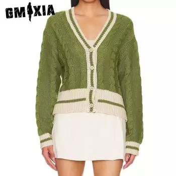 GMXIA Вязаный кардиган женский осенне-зимний V-образный вырез, подходящий по цвету, свободный вязаный свитер, кардиган женский S зелёный