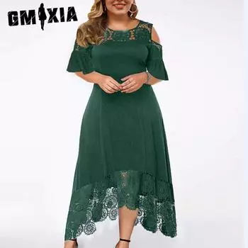 GMXIA Вышитое кружевное пэчворк платье большого размера для женщин с коротким рукавом и открытыми плечами, высокая талия S чёрный