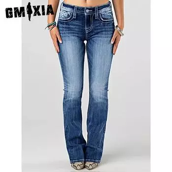 GMXIA Вышитые джинсы Женские Джинсы из плотного стиранного денима с эффектом потертости S тёмно-синий
