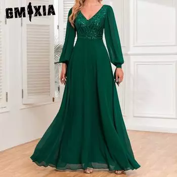 GMXIA Высокое качество на шнуровке с длинными рукавами и двойным v-образным вырезом, расшитое бисером шифоновое вечернее платье трапециевидной формы на полной подкладке S зелёный