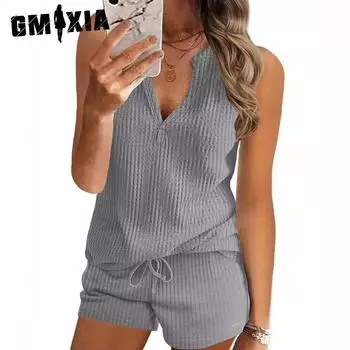 GMXIA Waffle Vest Set Summer Loose Fashion Casual V-neck Vest Shorts Homewear Women S небесно-голубой