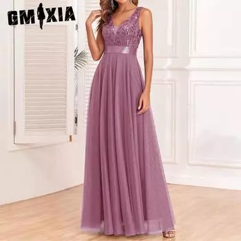 GMXIA вечернее платье без рукавов с эластичной резинкой на талии и двойным v-образным вырезом, длинное элегантное длинное платье из тюля с вышивкой, большое распашное вечернее платье S небесно-голубой