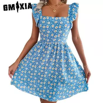 GMXIA весенне-летнее повседневное праздничное платье с открытой спиной на шнуровке и принтом ромашки для женщин S чёрный