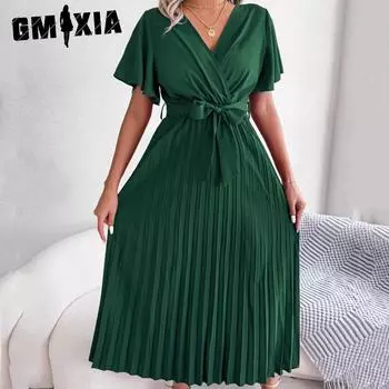 GMXIA женская мода лето весна однотонный принт с коротким рукавом и v-образным вырезом свободные подтяжки с высокой талией коктейльные и вечерние платья S красный