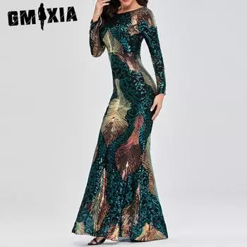 GMXIA весенне-осеннее эластичное элегантное вечернее платье больших размеров с высокой талией и длинными рукавами, круглым вырезом и открытой спиной, с блестками, рыбий хвост, женское вечернее платье