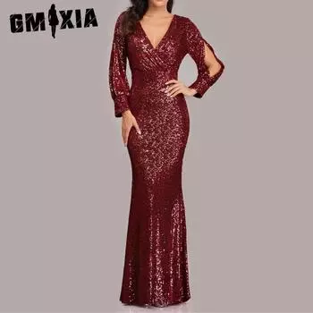GMXIA весенне-осеннее платье, разноцветное вечернее платье большого размера с длинным рукавом и v-образным вырезом, расшитое пайетками, рыбий хвост, женское