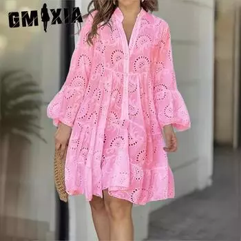 GMXIA весна/лето однотонные V-образный вырез свободные вышитые ажурные кружевные цветы сексуальные платья S белый