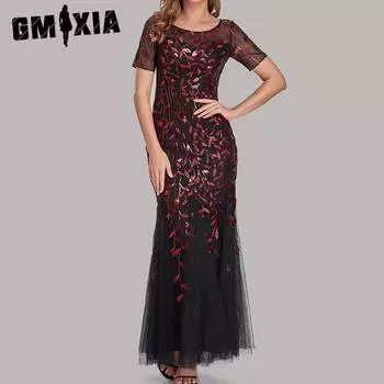 GMXIA весна-лето с коротким рукавом и круглым вырезом, трансграничное банкетное платье, облегающее сетчатое вечернее платье с пайетками, женское платье с рыбьим хвостом S бордовый