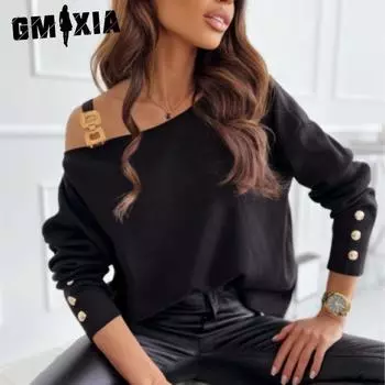 GMXIA весна осень мода сексуальный цепь пуговицы украшения длинный рукав топ женщины S розы красного