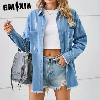 GMXIA весна-осень стираная рваная джинсовая рубашка с длинным рукавом меховой топ для женщин S синий