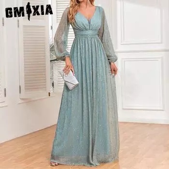 GMXIA весна-осень женское блестящее плиссированное эластичное перспективное длинное рукава V-образный вырез А-образной формы юбка на подкладке элегантное вечернее платье S светло-зеленый
