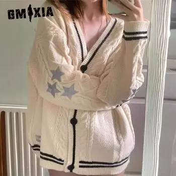 GMXIA Women s Autumn and Winter Knitted Embroidered Cardigan Temperament Ageing Loose Casual Sweater S серый