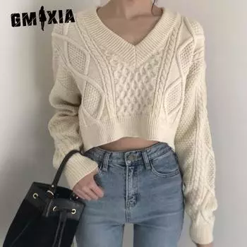 GMXIA Женский осенне-зимний ретро-вязаный свитер с завязками на спине и узором «перекрут» One size армия зеленый