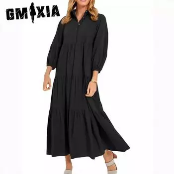 GMXIA Women s Button POLO Neck Long Fashion Pullover High Waist Casual Dresses S армия зеленый
