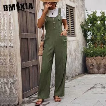 GMXIA Женские повседневные фактурные брюки, летние свободные плиссированные цельные комбинезоны S армия зеленый