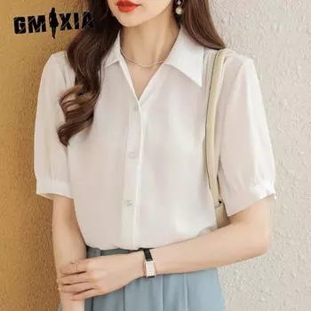 GMXIA Женская шифоновая рубашка, летние топы для поездок на работу, свободная ленивая блузка с коротким рукавом S белый