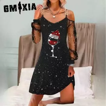 GMXIA Women s Christmas Wine Glasses Patchwork Mesh Dresses S чёрный
