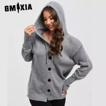 GMXIA Женский цветной однобортный свитер с капюшоном, осенне-зимний новый вязаный кардиган с завязками на резинке S серый