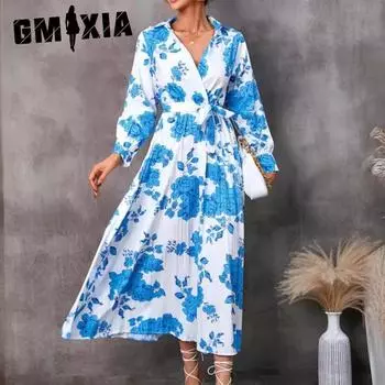 GMXIA Женская мода осень-зима цветочный принт длинный рукав поло воротник высокая талия повседневные платья S синий