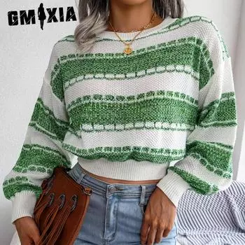 GMXIA женский модный повседневный осенне-зимний свитер с длинным рукавом и круглым вырезом, свободный цвет, контрастный вязаный свитер S зелёный