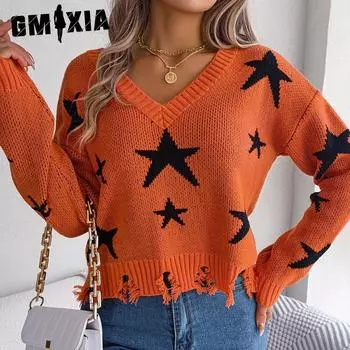 GMXIA женские модные повседневные осенне-зимние свободные вязаные пуловеры с длинными рукавами и v-образным вырезом со звездами S оранжевый