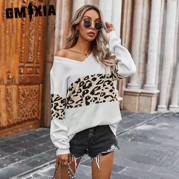 GMXIA Women s Fashion Casual Long Sleeve Leopard Print Spring Autumn V-Neck Sweater S белый