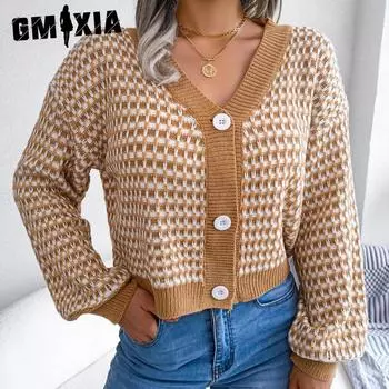 GMXIA Женская мода, повседневный клетчатый осенне-зимний кардиган с длинными рукавами и v-образным вырезом, свободный цвет, контрастный кардиган с рукавами-фонариками, пальто-свитер S хаки