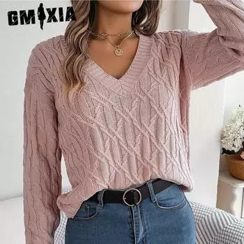 GMXIA женский модный повседневный однотонный осенне-зимний свободный свитер с длинным рукавом и v-образным вырезом S розовый