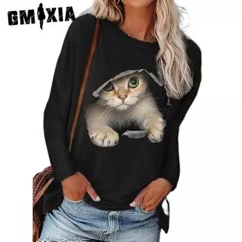 GMXIA Женские модные повседневные весенне-осенние блузки и рубашки с круглым вырезом и длинными рукавами с принтом котенка S чёрный