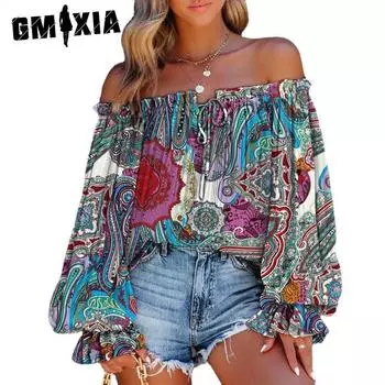 GMXIA Женские модные повседневные летние блузки и рубашки на одно плечо с длинным рукавом S