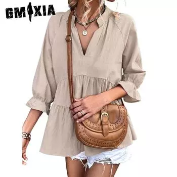 GMXIA Женские модные повседневные летние однотонные блузки и рубашки с v-образным вырезом и рукавами 3/4 с принтом S розовый