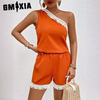 GMXIA Women s Fashion Casual Summer Solid Color Print Sleeveless Skew collar Blouses & Shirts S оранжевый