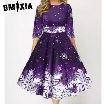 GMXIA Women s Fashion Personality Snowflake Digital Print Temperament Mid-sleeve Waist Dress S фиолетовый