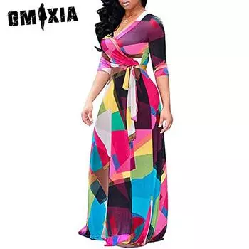 GMXIA Women s Fashion Spring Autumn Floral Print Long Sleeve V-Neck High Waist Casual Dresses S белый