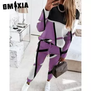 GMXIA Women s Fashion Spring Autumn Print Trousers Pants Suits Casual Suit S серый