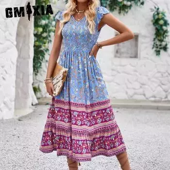 GMXIA Women s Fashion Summer Spring Bohemia Print Short Sleeve V-Neck High Waist Casual Dresses S