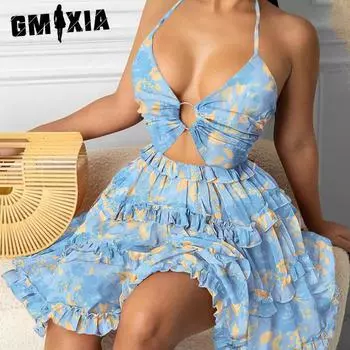 GMXIA Women s Fashion Summer Spring Floral Print Short Sleeve Sexy Cutout Halter Cake High Waist Casual Dresses S розовый