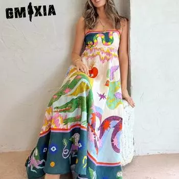 GMXIA Women s Fashion Summer Spring Print Sleeveless Suspenders High Waist Casual Dresses S