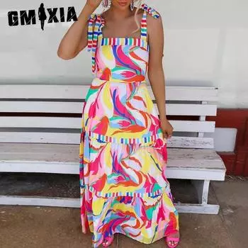 GMXIA Women s Fashion Summer Spring Print Sleeveless Suspenders High Waist Casual Dresses S разноцветный