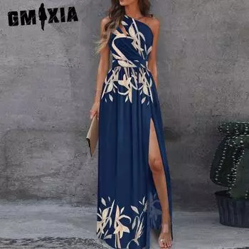GMXIA Женская мода лето весна однотонный принт сексуальный разрез без рукавов одно плечо высокая талия повседневные платья S