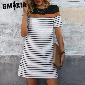GMXIA Women s Fashion Summer Spring Streak Print Short Sleeve O-Neck High Waist Casual Dresses S чёрный