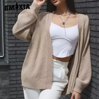 GMXIA Женский модный темпераментный однотонный вязаный кардиган осень-зима свободный темперамент простой джемпер пальто One Size серый