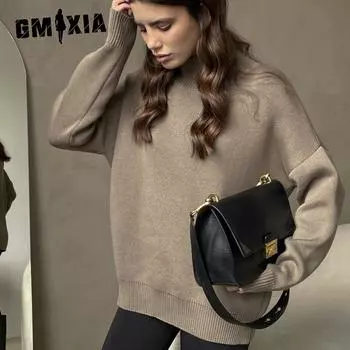 GMXIA Женский вязаный джемпер с полувысокой горловиной, модный тренд осени и зимы, универсальный, свободный, теплый джемпер с полувысокой горловиной One Size белый